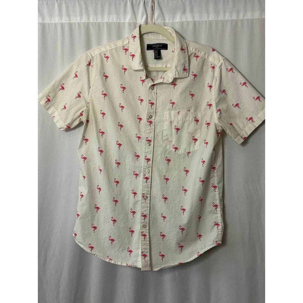 Forever 21 Men's Flamingo Print Button-Down - Summer Vibes - M